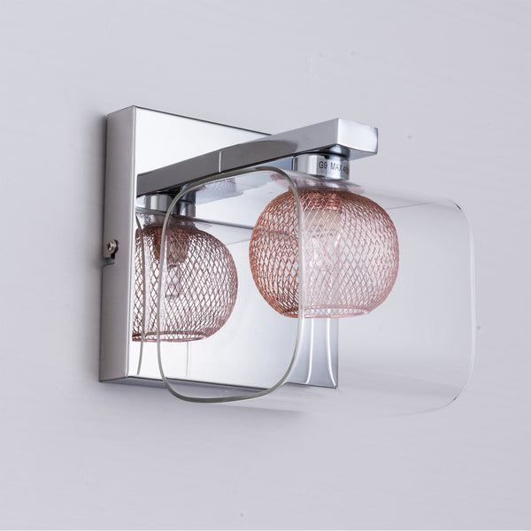 Single Wall Light, G9 Cap, Polished Chrome finish, Glass Shade and Copper mesh