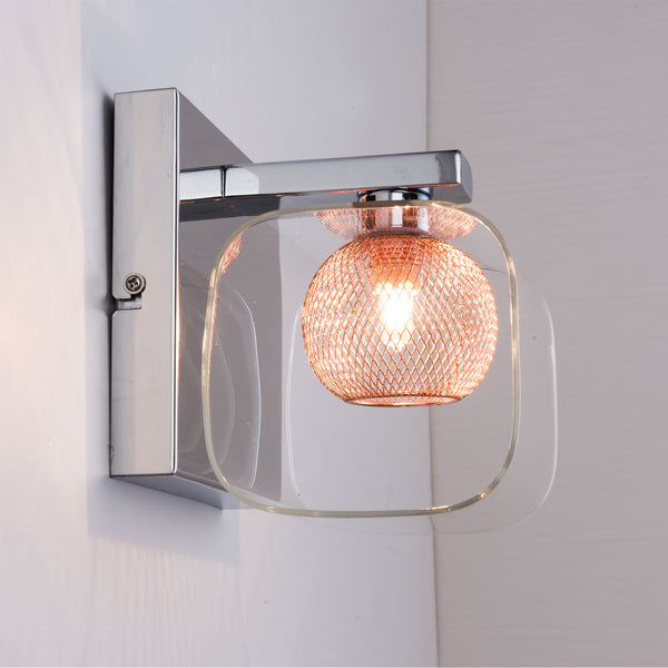 Single Wall Light, G9 Cap, Polished Chrome finish, Glass Shade and Copper mesh