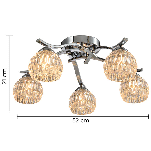 Modern 5 Light Semi-Flush Ceiling Light, G9 Cap Type, Polished Chrome Finish, Glass Shades Included, Bulbs Not Included