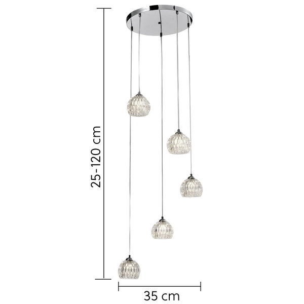 Modern 5 Light Pendant Ceiling Light, G9 Cap Type, Polished Chrome Finish, Glass Shades Included, Bulbs Not Included