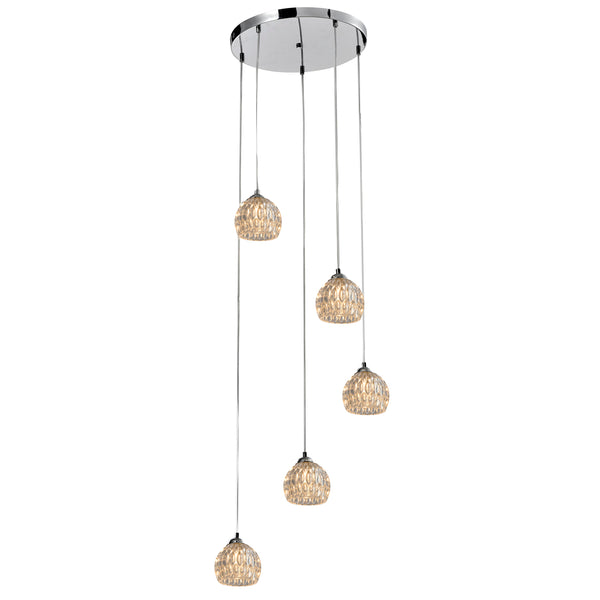 Modern 5 Light Pendant Ceiling Light, G9 Cap Type, Polished Chrome Finish, Glass Shades Included, Bulbs Not Included