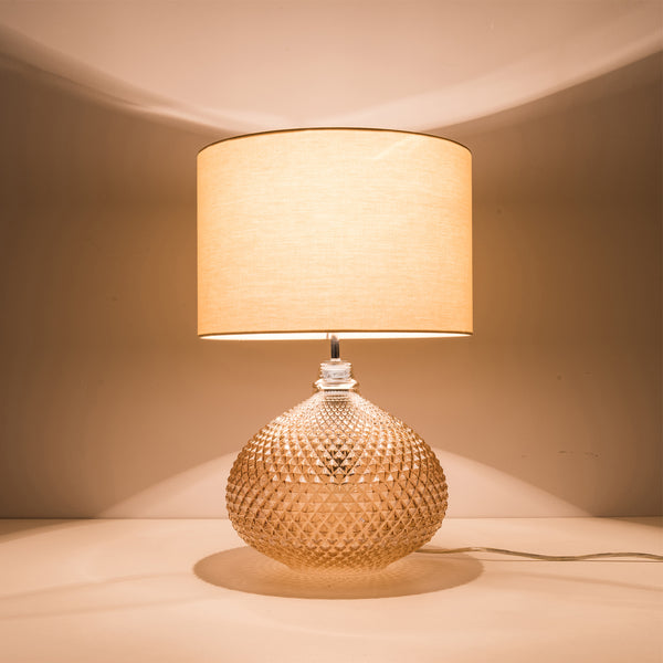 Single Table Lamp with Twin On/Off Switches, UK/EU Plug, Amber Base Glass Finish, Fabric Shade Taupe Finish, Suitable for LED Upgrade