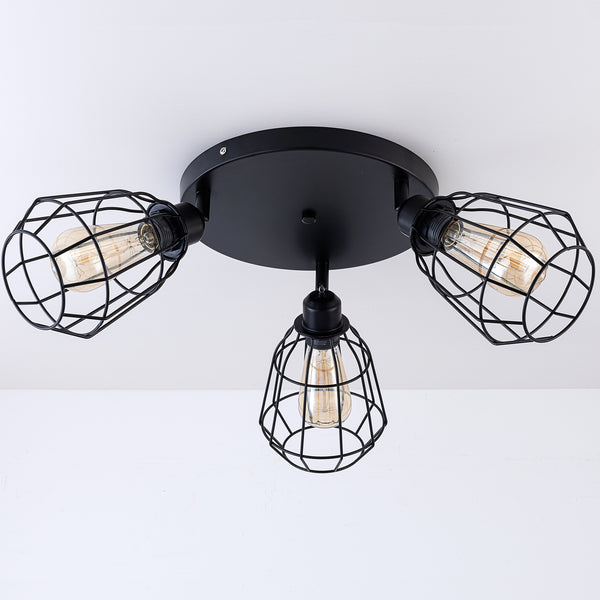 Caged Ceiling Light, 3 Lights E27 Cap, Black Vintage Finish, LED Compatible
