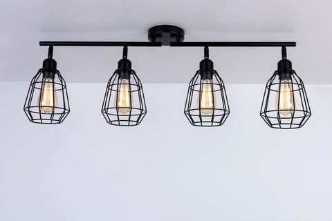 Caged Bar Ceiling Light, 4 Lights E27 Cap, Black Vintage Finish, LED Compatible