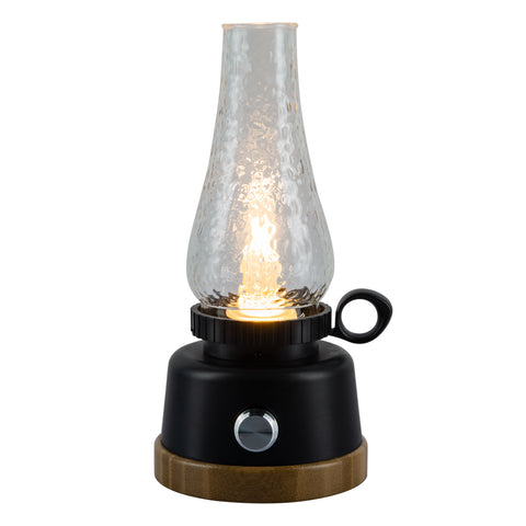 LED Rechargeable Table Lantern, Black Base with Clear Glass Shade, Decorative Oil Lantern Design