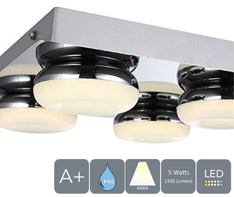 LED Bathroom Ceiling Light, 4 Lights, Polished Chrome, Natural White 4000K, IP44
