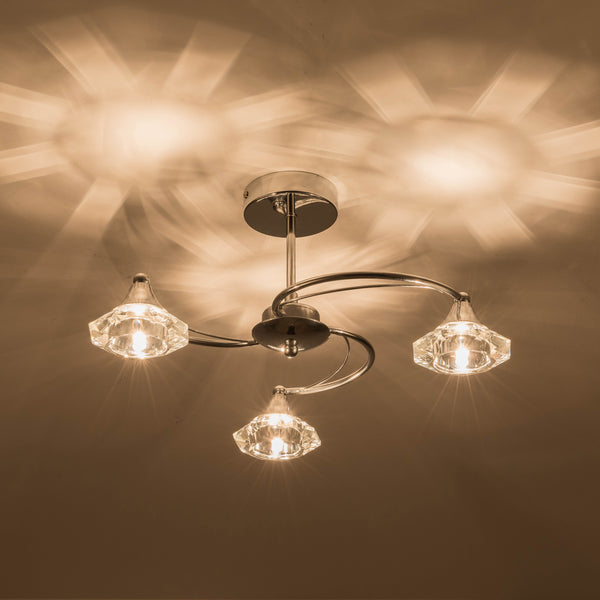 3 Light Semi-Flush Ceiling Light, Polished Chrome Finish, Clear Glass Shades, G9 Bulb Cap