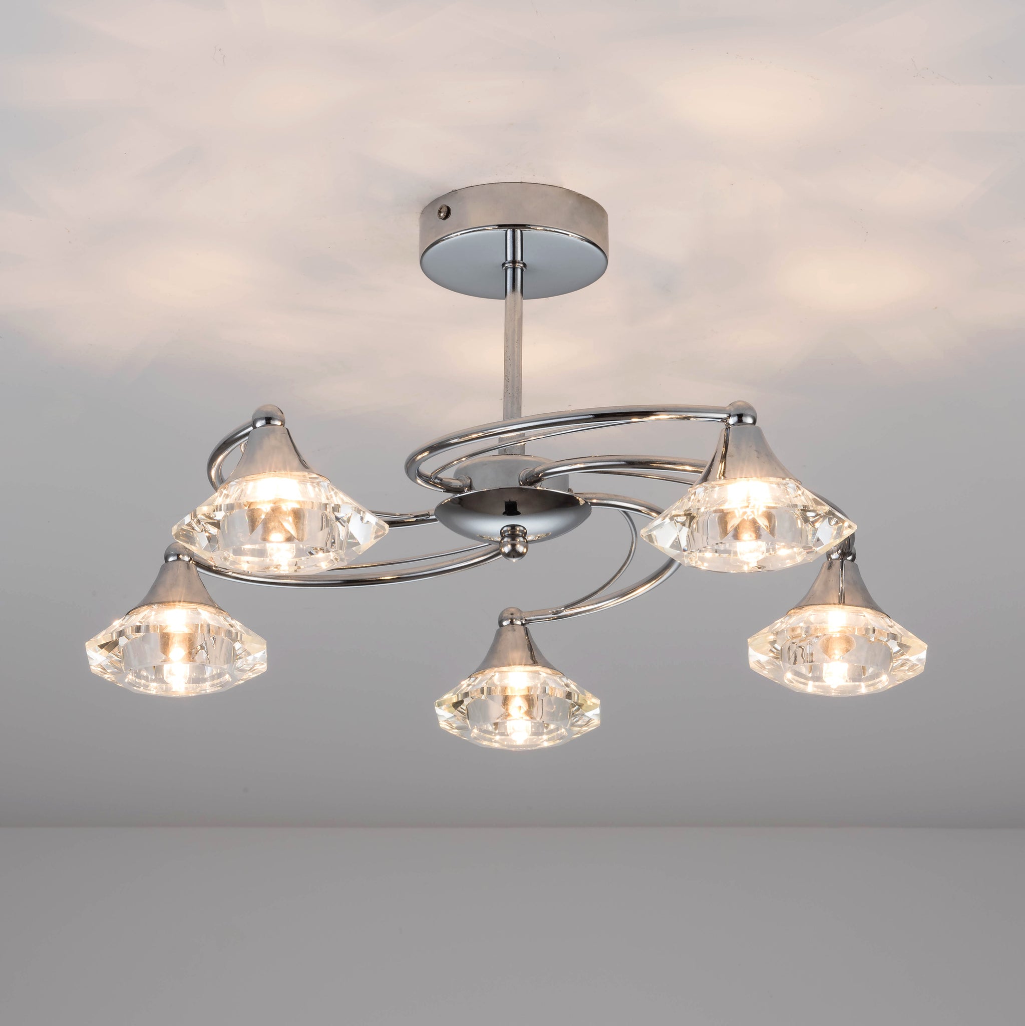 5 Light Semi-Flush Ceiling Light, Polished Chrome Finish, Clear Glass Shades, G9 Bulb Cap