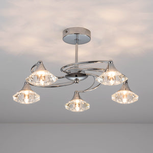 5 Light Semi-Flush Ceiling Light, Polished Chrome Finish, Clear Glass Shades, G9 Bulb Cap