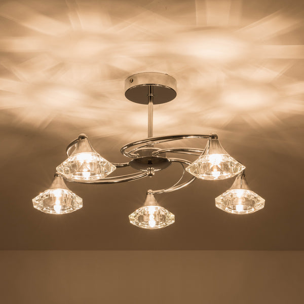 5 Light Semi-Flush Ceiling Light, Polished Chrome Finish, Clear Glass Shades, G9 Bulb Cap