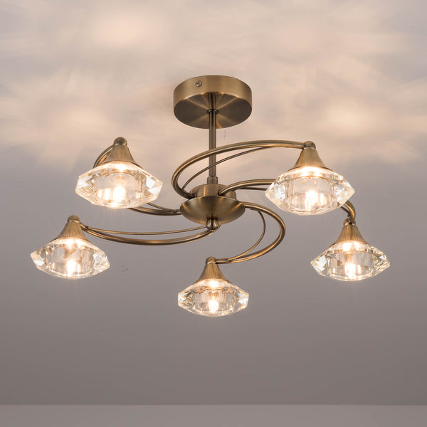 5 Light Semi-Flush Ceiling Light, Antique Brass Finish, Clear Glass Shades, G9 Bulb Cap