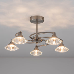 5 Light Semi-Flush Ceiling Light, Satin Nickel Finish, Clear Glass Shades, G9 Bulb Cap