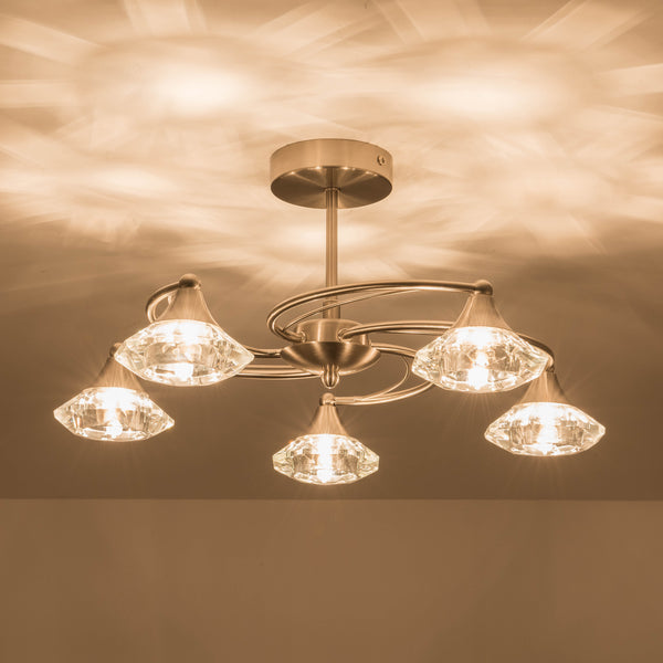 5 Light Semi-Flush Ceiling Light, Satin Nickel Finish, Clear Glass Shades, G9 Bulb Cap