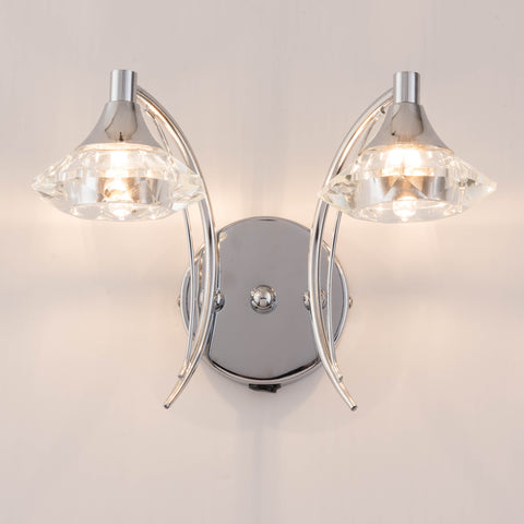 Double Wall Light and Sconce, Polished Chrome Finish, Clear Glass Shades, G9 Bulb Cap