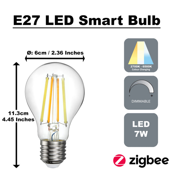 Zigbee E27 7 Watts LED Smart Bulb, CCT 2700K-6000K, Dimmable