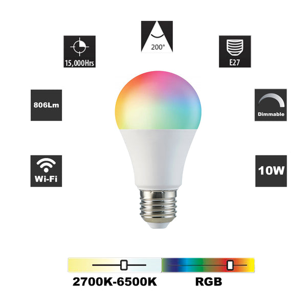 Wi-Fi E27 10 Watts LED Smart Bulb, RGB CCT 2700K-6500K, Dimmable, Pack of 2